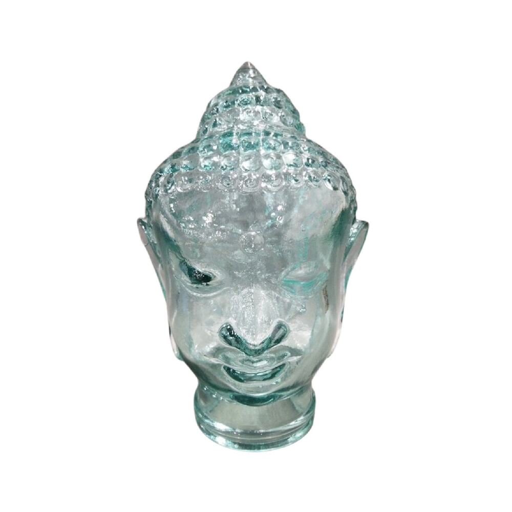 Green Glass Buddah Head Bust Hat Stand by Vidrios San Miguel, 11" Tall